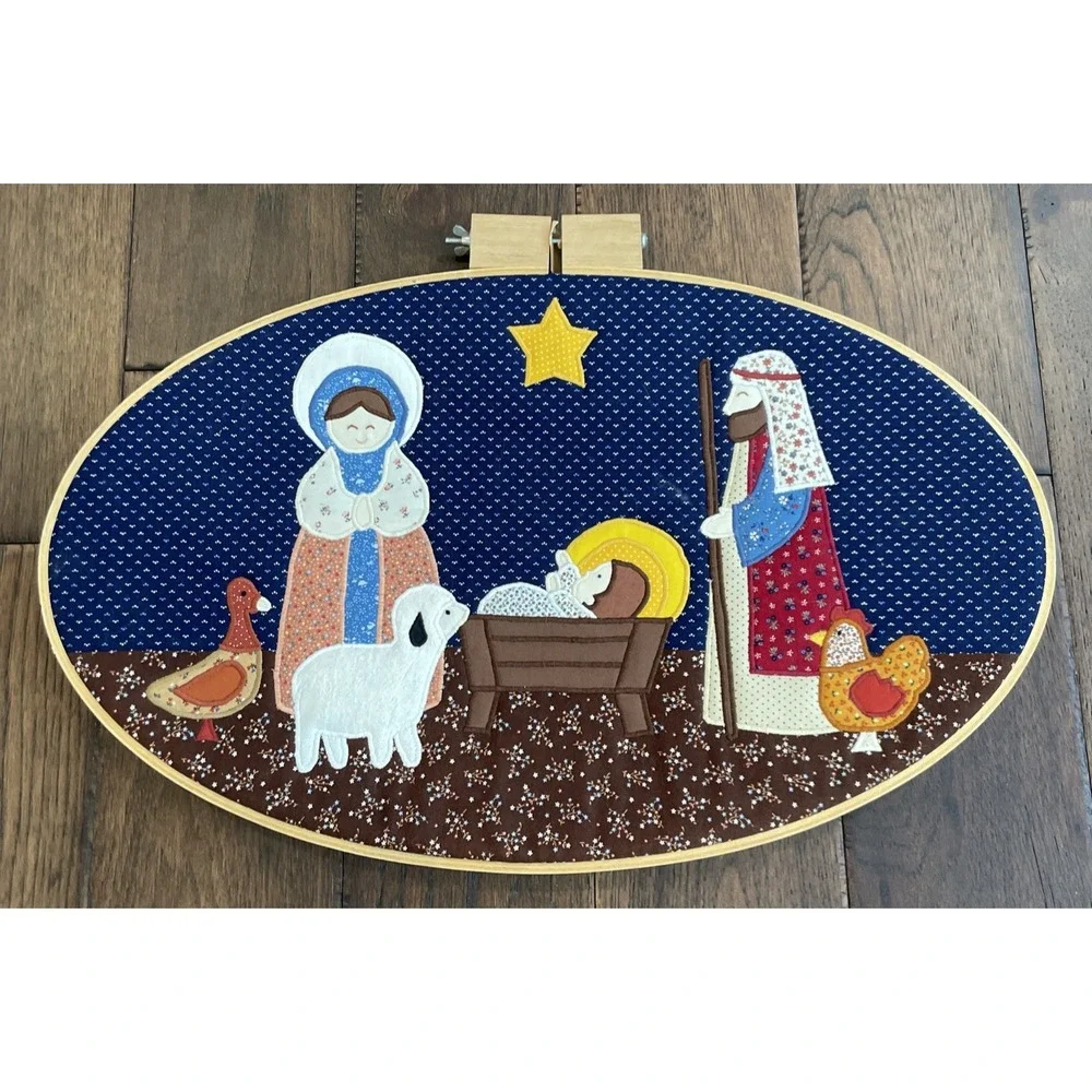 Vintage 80's Nativity Christmas Applique Quilted Wall Hanging Handmade